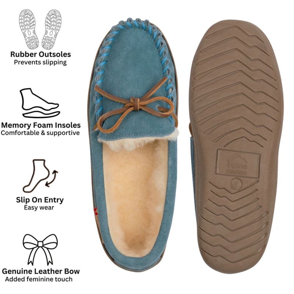 Alpine Swiss Sabine Womens Suede Shearling Moccasin Slippers House Shoes Slip On - Picture 3 of 9